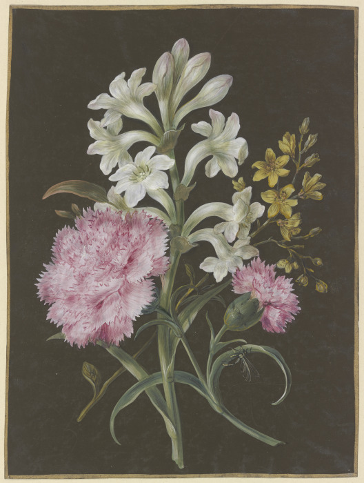 Gesteck aus Tuberose (Polyanthes), rosa Nelke (Dianthus) und gelber Blume mit Fliege od Barbara Regina Dietzsch