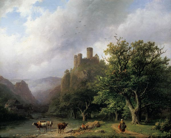 A River Landscape with a Ruined Castle od Barend Cornelisz. Koekkoek