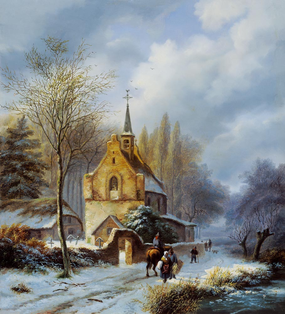 Winter landscape at a church od Barend Cornelisz. Koekkoek