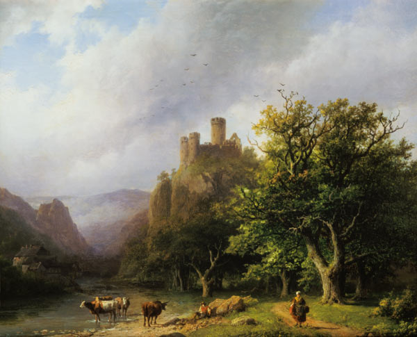 Riverside with castle ruin od Barend Cornelisz. Koekkoek