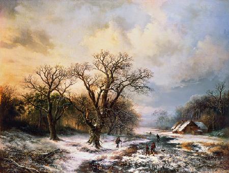 Winter landscape with ice-skaters and brushwood collectors