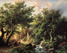 A Wooded landscape with a chapel