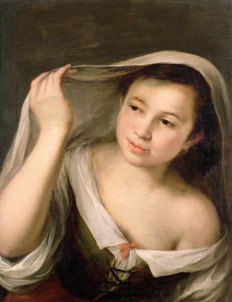 A young girl raising her veil od Bartolomé Esteban Perez Murillo