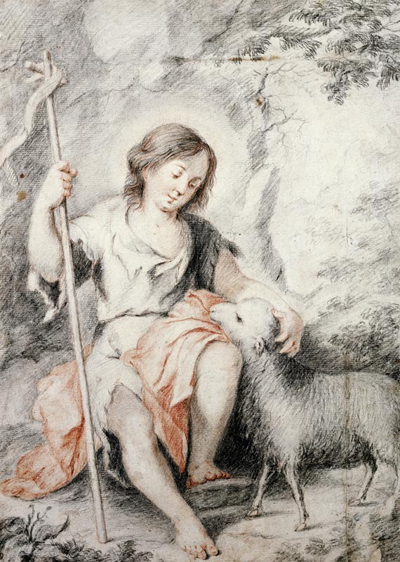 The Young John the Baptist with the Lamb in a Rocky Landscape (red and black chalk on paper) od Bartolomé Esteban Perez Murillo