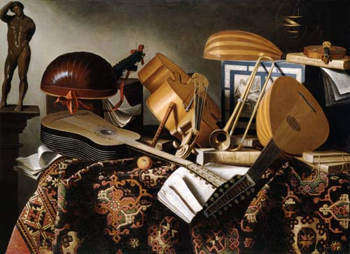 Musical instruments, sheets of music and books od Bartolomeo Bettera