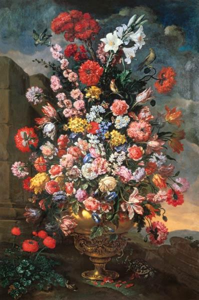 Lilies, Tulips, Carnations, Peonies,  Convolvuli And Other Flowers In A Bronze Urn With Birds, A Tor