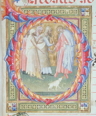 Ms 518 f.1r Historiated initial 'O' depicting Tobias and the Angel (vellum) od Bartolomeo di Frusino