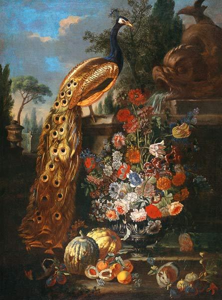Quiet life with flowers, fruits, Meerschwinchen and peacock.