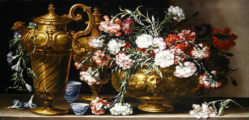 Still Life with Pinks in a case and a Florentine ewer on a ledge (oil on canvas) od Bartolommeo Bimbi