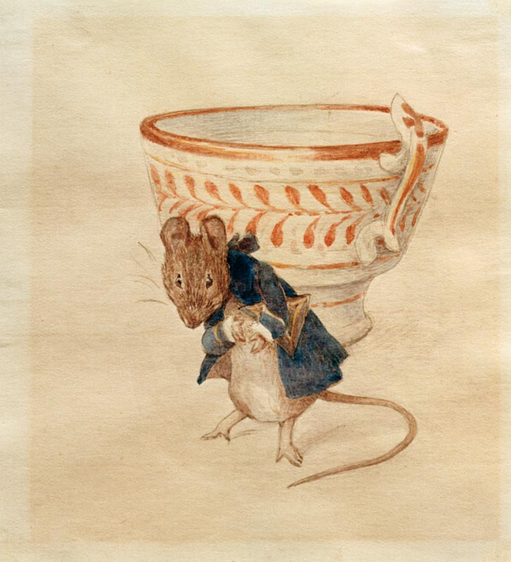Herr Maus verneigt sich vor einer Teetasse od Beatrix Potter