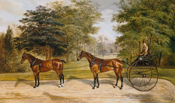 Two horses, harnessed in tandem, pulling a carriage od Benjamin Cam Norton