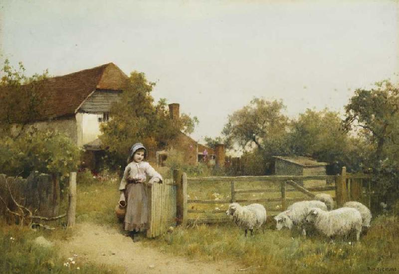 Junges Mädchen mit Schafen vor Hütte. od Benjamin D. Sigmund