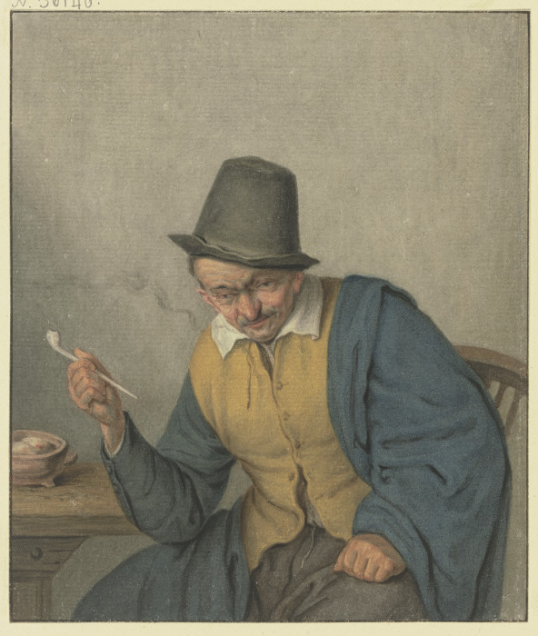 Nachdenkender Bauer an einem Tische sitzend, die Pfeife in der Hand haltend od Benjamin Wolff