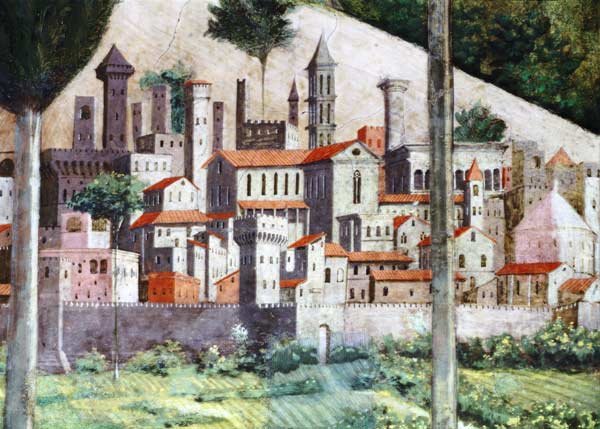 Medieval town, detail from the Journey of the Magi cycle in the chapel od Benozzo Gozzoli