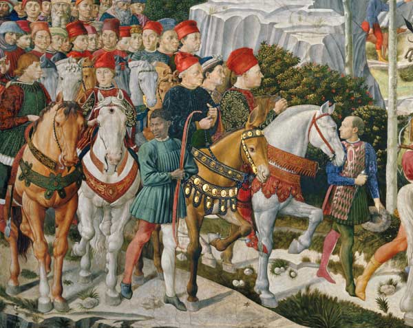 Galeazzo Maria Sforza, Duke of Milan (1444-76), extreme left, on a brown horse and Sigismondo Pandol od Benozzo Gozzoli