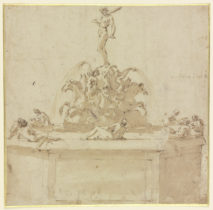 Ein Brunnen, über einer Gruppe von auf Pferden reitenden Tritonen steht Herkules, auf dem Brunnenran od Benvenuto Cellini