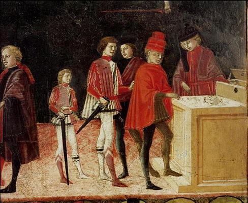 The Council Finances in Times of War and of Peace, detail of mercenary soldiers receiving their pay od Benvenuto  di Giovanni