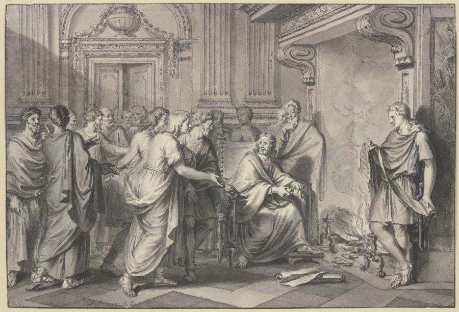 Ein Römer wirft in Gegenwart vieler Personen Papierrollen ins Feuer od Bernard Picart