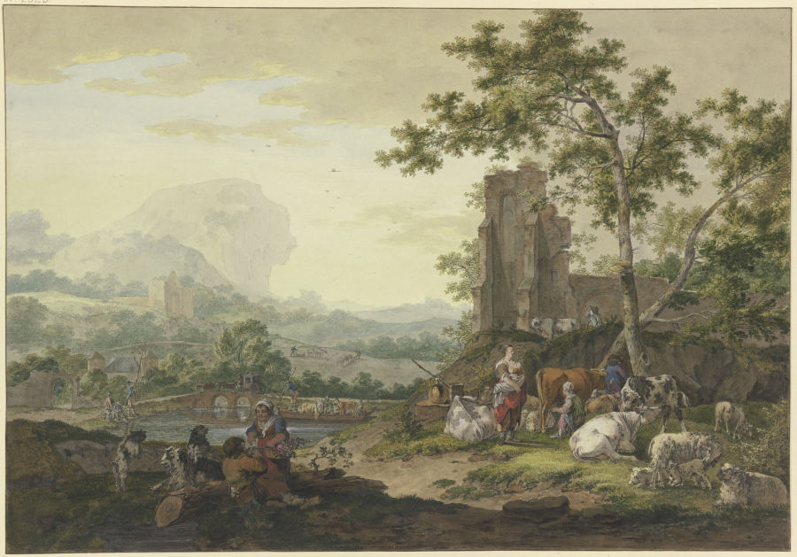 Landschaft, rechts eine Ruine, dabei eine Gruppe von Vieh mit Hirten, eine Frau melkt eine Kuh, der  od Bernhard Heinrich Thier