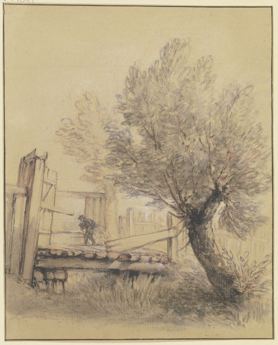 Weidenbaum bei einer Holzbrücke, über die ein Mann schreitet od Bernhard Rode