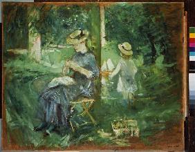 Young woman in the garden doing needlework
