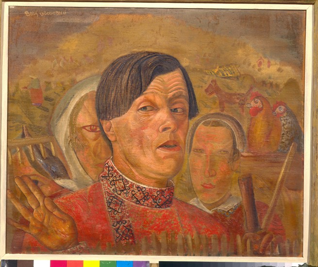 Self-portrait with  the cock and the hen od Boris Dimitrijew. Grigorjew
