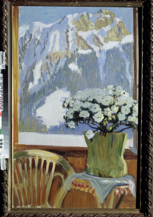 Flowers at the balcony with a view of the mountains od Boris Michailowitsch Kustodiew