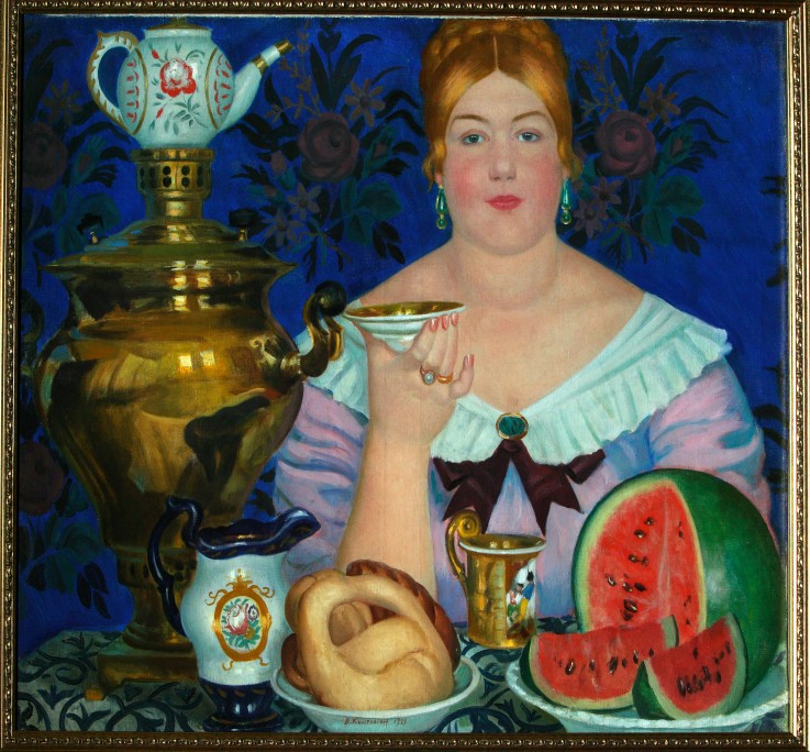 The Merchant's Wife Drinking Tea od Boris Michailowitsch Kustodiew