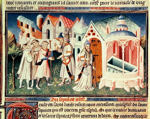 Ms Fr 2810 fol.274 Pilgrims in front of the Church of the Holy Sepulchre of Jerusalem (vellum) od Boucicaut Master