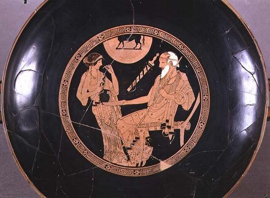 Attic red-figure cup depicting Phoenix and Briseis, Achilles' captive, Greek, c.490 BC (pottery) (se od Brygos Painter