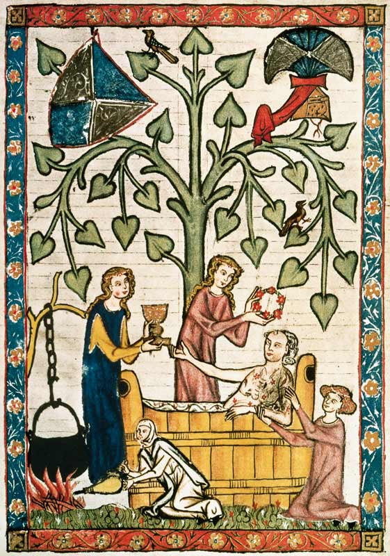 Jakob von Warte im Badezuber, von Damen umsorgt od Buchmalerei