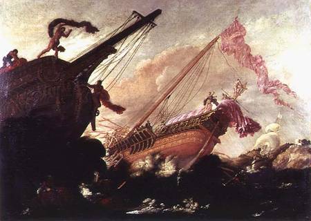 Galleons wrecked on a rocky shore od Buonamico Agostino Tassi