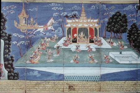 Ma 565 King Nimi in his divine chariot sent by Indra and led by the angel Matali, visits the skies a od Burmese School