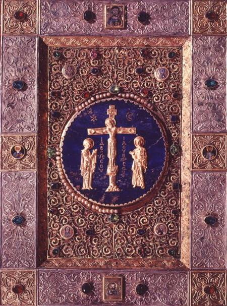Icon depicting Christ on the cross between the Virgin and St. John the Baptist with medallions of th od Byzantine