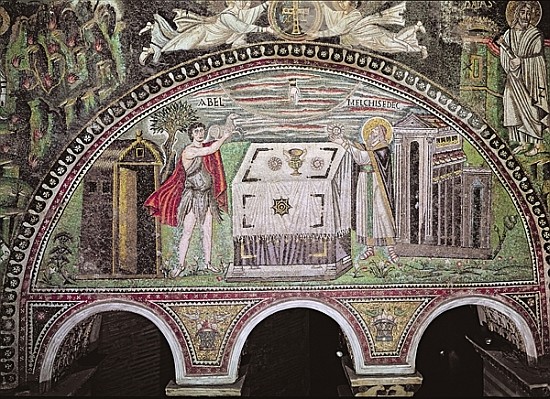 Abel offering a lamb and Melchisedech offering bread at the Altar, lunette on the South wall of the  od Byzantine School