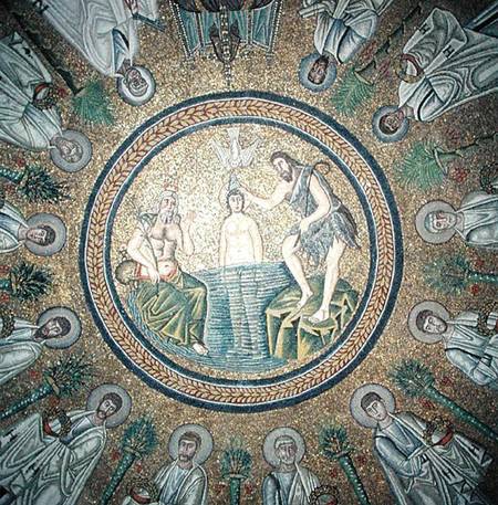 Baptism of Christ, surrounded by the Twelve Apostles od Byzantine School