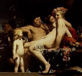Bacchus with two nymphs and Amor od Caesar Boëtius Everdingen