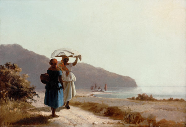 Two talking women on the sea beach od Camille Pissarro