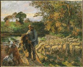 At sunset of shepherds in Montfoucault returning home.