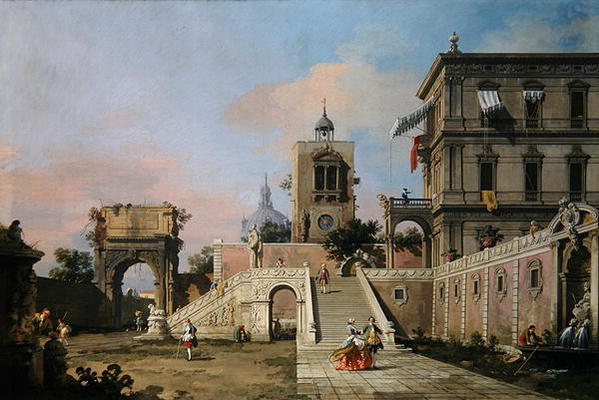 Capriccio of twin flights of steps leading to a palazzo, c.1750 (oil on canvas) od Giovanni Antonio Canal (Canaletto)