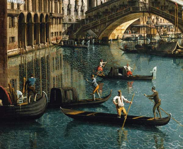 Gondoliers near the Rialto Bridge, Venice (detail of 155335) od Giovanni Antonio Canal (Canaletto)
