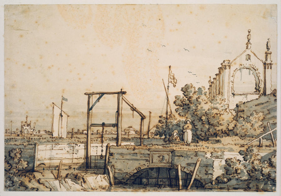 Capriccio with a Lock Gate by a River od Canaletto (Giovanni Antonio Canal)