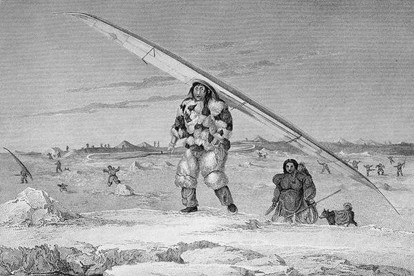An Eskimaux of Igloolik, wearing a bird-skin jacket, carrying his canoe down to the water, od Captain George Francis Lyon