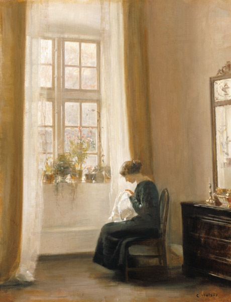 A Girl Sewing in an Interior od Carl Holsoe