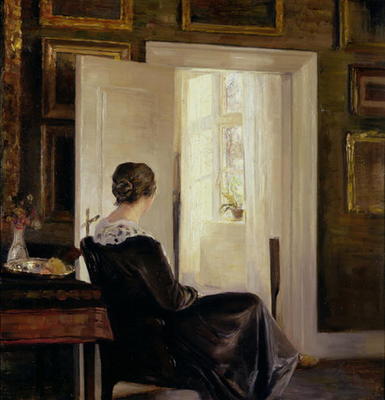 A woman seated near a door od Carl Holsoe