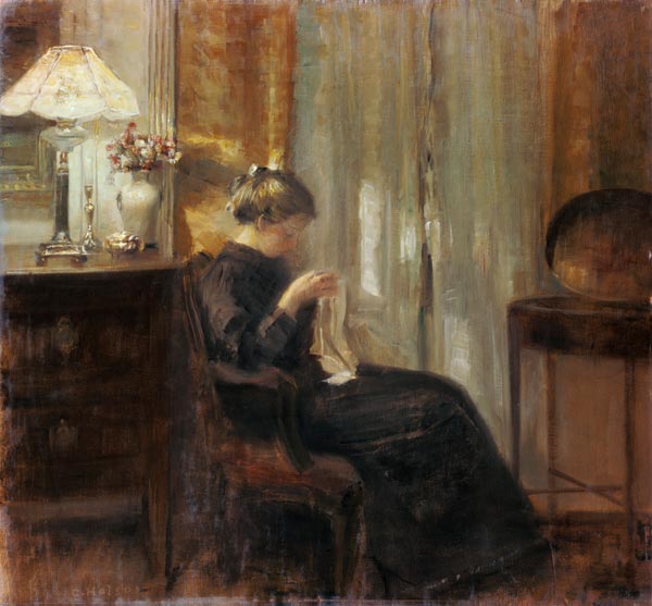 Woman in an interior doing needlework. od Carl Holsoe