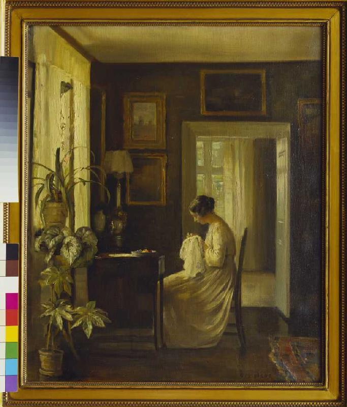 Interior with a sewing woman. od Carl Holsoe