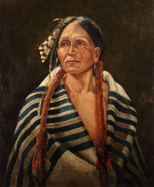 Indian with striped blanket (oil on canvas mounted on panel) od Carl Moon