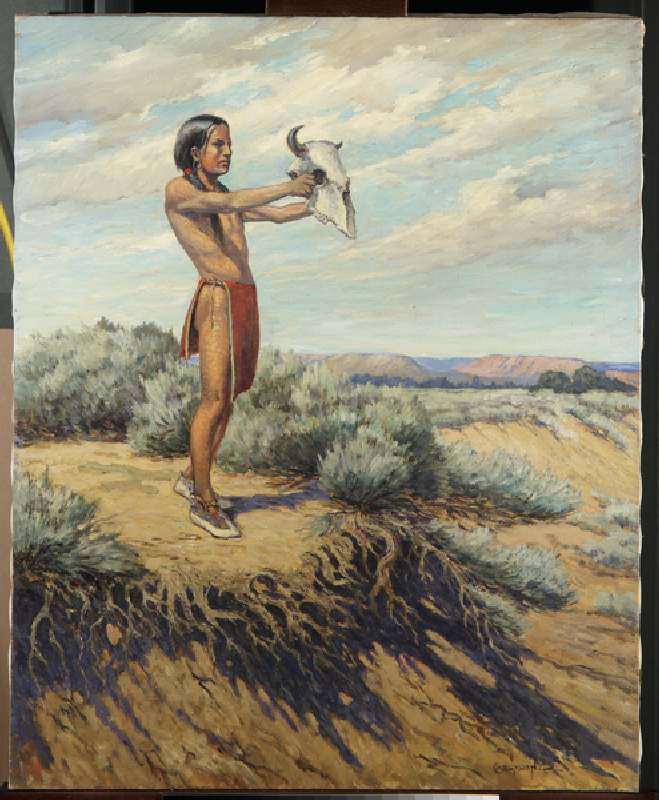 Indian boy with buffalo skull (oil on canvas) od Carl Moon