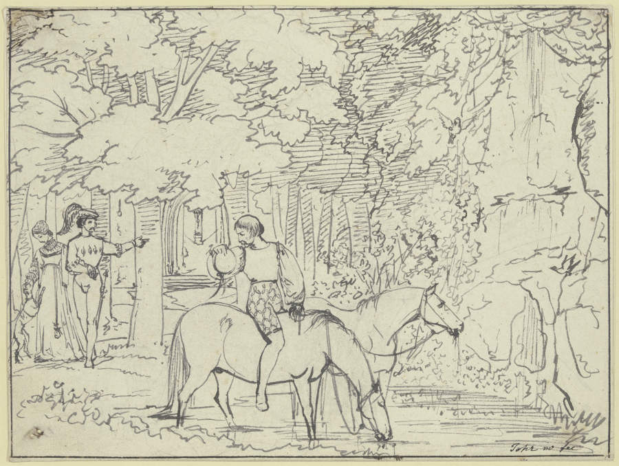 An einem Waldrand tränkt ein Reitknecht zwei Pferde od Carl Philipp Fohr
